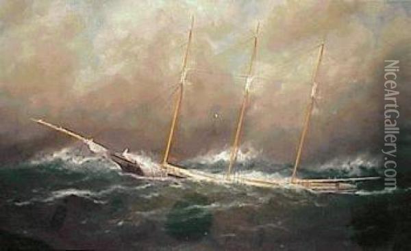 The Three-masted Schooner 'zacheus Sherman' In Rough Seas Oil Painting - William Pierce Stubbs