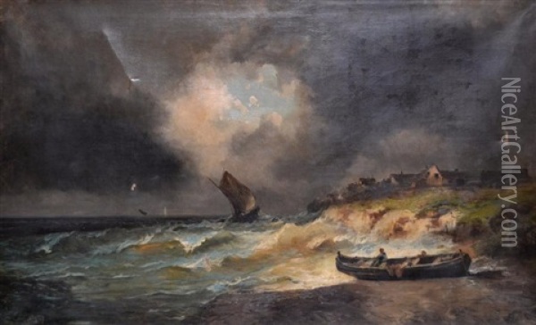 Voiliers En Mer Agitee Et Barque Oil Painting - Alfred Godchaux