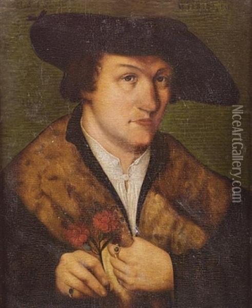 Portrait Of A Gentleman, In A Fur-trimmed Coat And Black Hat, Holding Two Carnations Oil Painting - Leonhard Beck