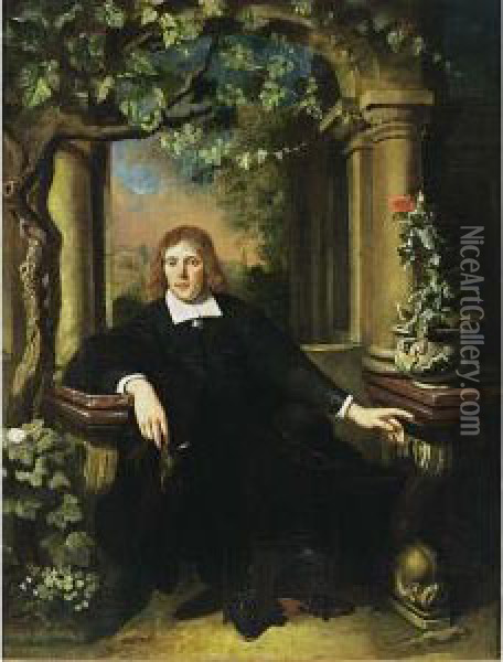 A Portrait Of A Gentleman, 
Seated Full Length, Wearing A Black Costume With White Collar And Cuffs,
 Holding A Handkerchief In His Right Hand, In An Architectural Setting 
With A Landscape Beyond Oil Painting - Dominicus van Tol