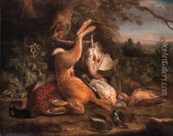 A Dead Hare Hanging From A Tree 
With A Dead Pheasant, A Snipe, Adove, A Patridge And Dead Songbirds On A
 Mossy Bank In Alandscape Oil Painting - Pieter Andreas Rysbrack