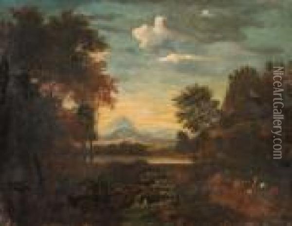 Travellers In Anextensive River Landscape Oil Painting - Salvator Rosa