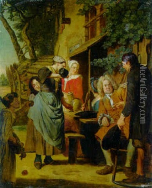 A Maid Pouring Wine For Viallagers Outside An Inn Oil Painting - Jan Josef Horemans the Younger