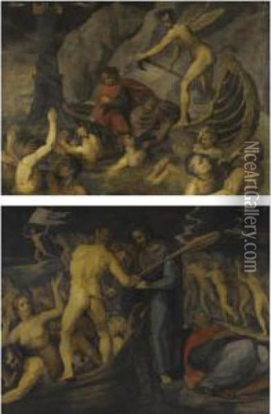 Scenes From Dante's Inferno: Oil Painting - Giacomo (or Jacopo) Tarchiani
