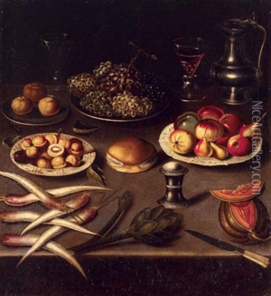 Turnips, An Artichoke, A Melon, A Bun, Fruit On Plates, Two Facon De Venise, A Pewter Jug And A Knife, On A Table Oil Painting - Albrecht Kauw the Elder
