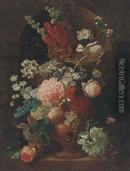A parott tulip, roses, morning glory and other flowers in an urn in a niche, with a butterfly Oil Painting - Jan Van Huysum