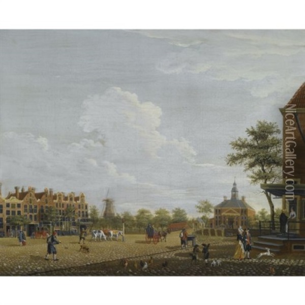 Amsterdam: A View Of The Weesperplein With The Weesperpoort, The Corn Mill Het Fortuyn On The Fortification Weesp In The Background Oil Painting - Isaac Ouwater