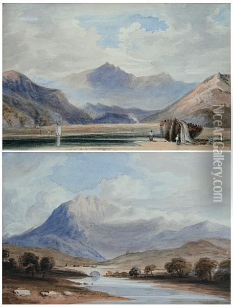 Estuary Scene With Mountains Oil Painting - John Varley