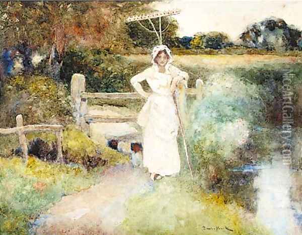 A country girl standing beside a stream holding a rake Oil Painting - David Woodlock