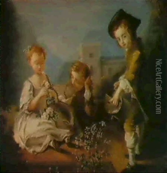 Three Children In A Garden Oil Painting - Philip Mercier