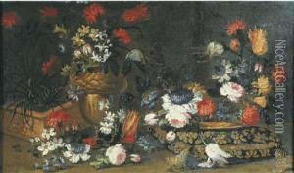 Roses, Tulips And Other Flowers 
In A Terracotta Pot, In A Bronzeornamental Urn And In A Gilt Dish On A 
Cushion Oil Painting - Margherita Caffi