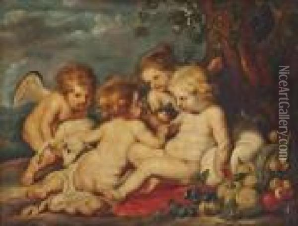 The Christ Child And The Infant Saint John The Baptist With Putti In A Wooded Clearing Oil Painting - Peter Paul Rubens