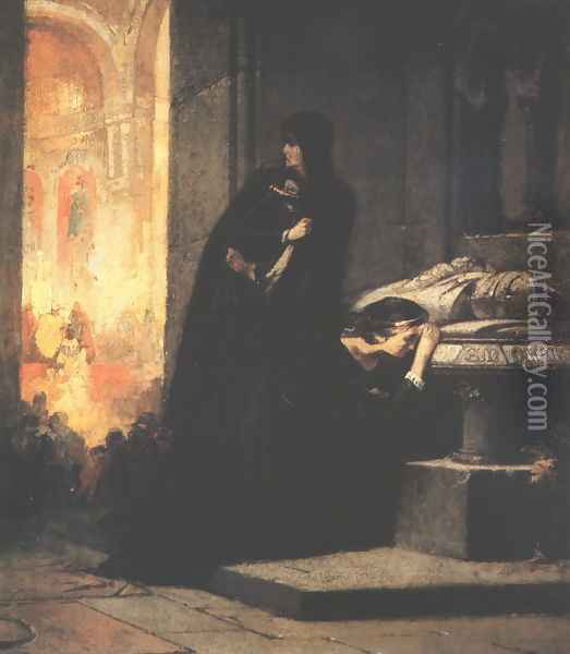 Queens Elisabeth and Mary at the Tomb of King Lajos the Great in 1385 sketch 1862 Oil Painting - Sandor Liezen-Mayer