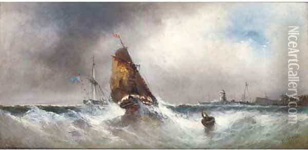 Shipping in squally conditions off a harbour mouth Oil Painting - Edwin Hayes