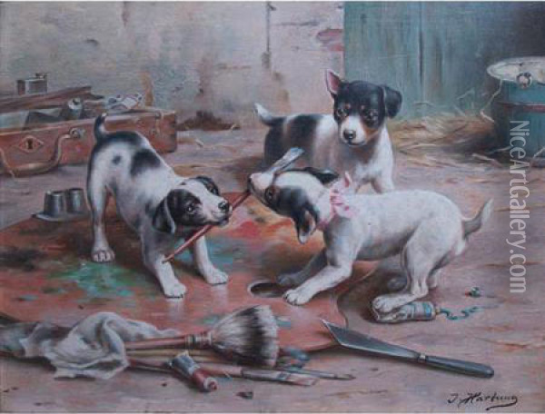 Tug O' War 
 And 
Playful Kittens Oil Painting - Johann Hartung