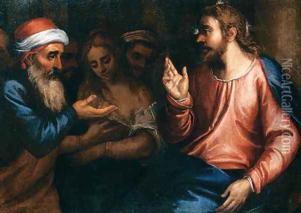 Christ and the Adulteress Oil Painting - Andrea Michieli (see Vicentino)