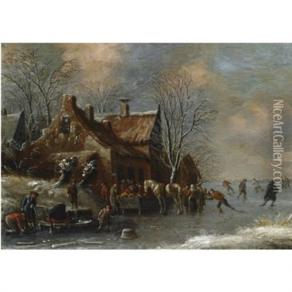 A Winter Landscape With Figures Skating On A Frozen River, Others Conversing And Feeding A Horse Outside A Village Oil Painting - Thomas Heeremans