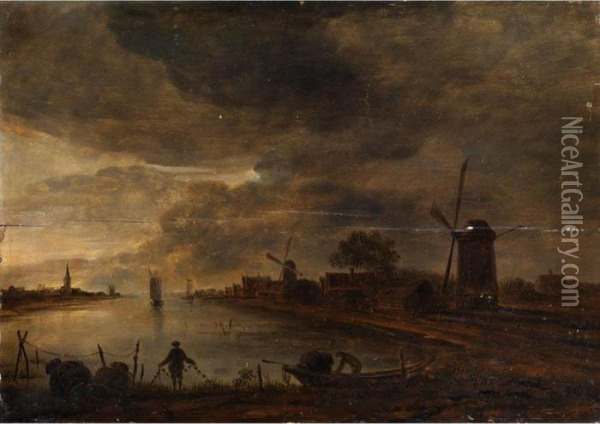 Seeufer Mit Windm Oil Painting - Aert van der Neer