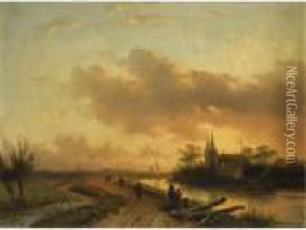 Figures On A Riverbank At Dusk Oil Painting - Charles Henri Leickert
