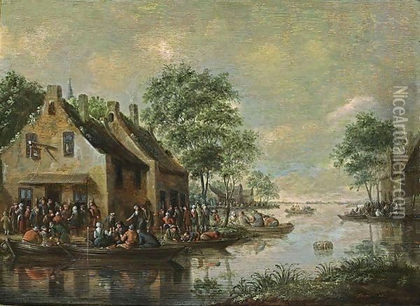 A River Landscape With Boats On The Water And Figures Drinking Outside An Inn Oil Painting - Thomas Heeremans