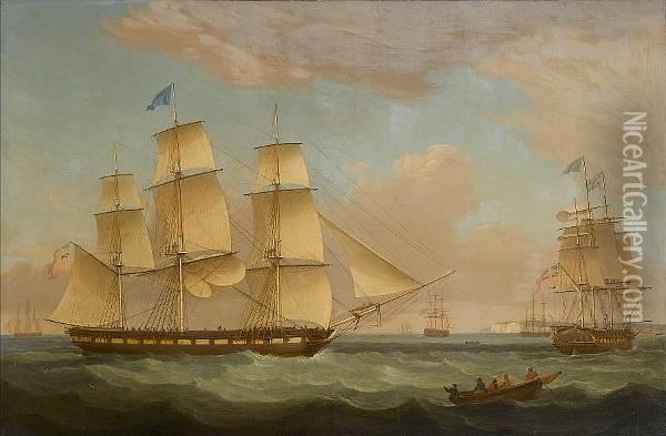 The Merchantman, 'medina' Of London In Two Positions Off Dover Oil Painting - Thomas Whitcombe