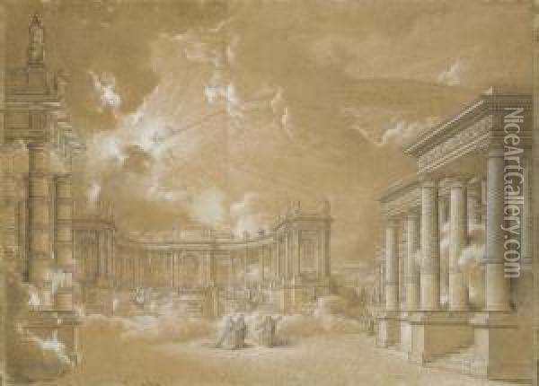Une Representation Theatrale Avec Zeus Et Apollon Dans Un Decorantique Oil Painting - Francois Valentin
