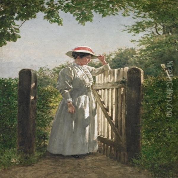 Woman In Awhite Dress Standing In The Sun By An Open Garden Gate Oil Painting - Niels Christian Hansen