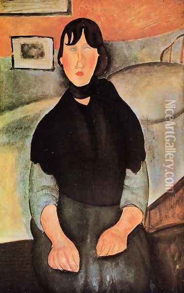 Dark Young Woman Seated by a Bed Oil Painting - Amedeo Modigliani