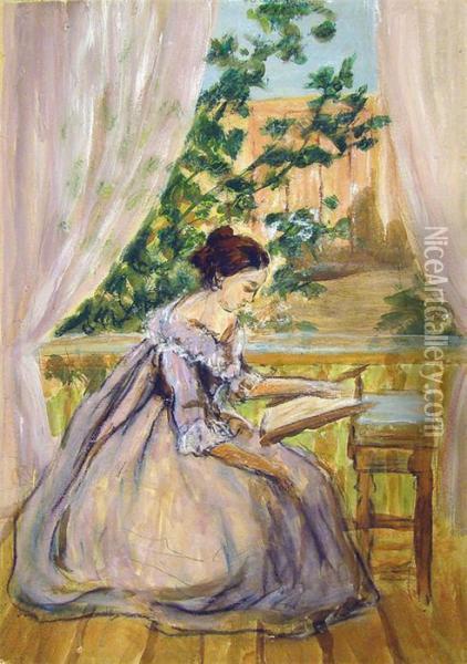 Junge Dame Beim Sticken Auf Ihrem Balkon Oil Painting - Victor Borissow-Mussatow