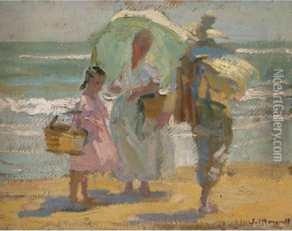 Familia En La Playa (family On The Beach) Oil Painting - Jose Mongrell Torrent