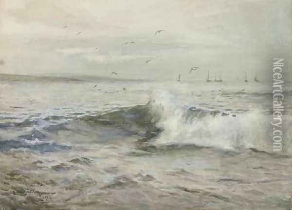 Gulls playing in the surf off the Cornish coast Oil Painting - Henry Meynell Rheam