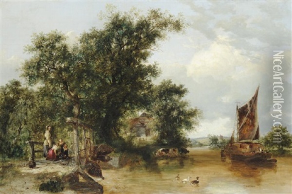 Summer River Landscape With A Mother And Children On A Footbridge, Ducks, Cattle And A Boat Nearby Oil Painting - Henry John Boddington