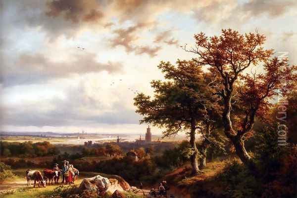 A Panoramic Rhenish Landscape With Peasants Conversing On A Track In The Morning Sun Oil Painting - Barend Cornelis Koekkoek