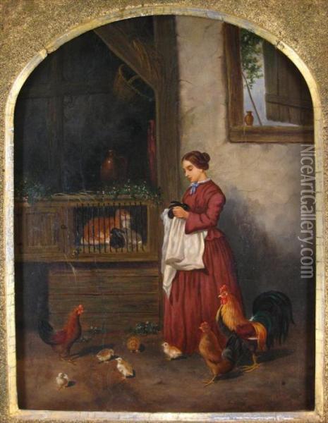 Courtyard Scene With Woman, Rabbits And Chickens Oil Painting - Howard Hill