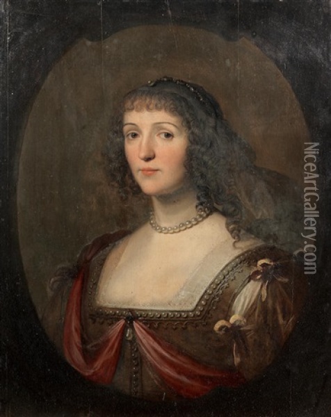 Portrait Of A Lady, Bust-length, In A Brown And Red Dress Oil Painting - Gerrit Van Honthorst