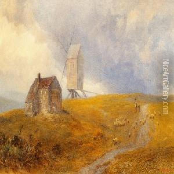 The Downs Near Eastbourne With A Shepherd By A Mill Oil Painting - H.G. Hine