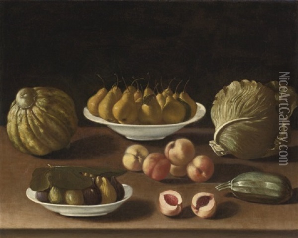 Still Life With Pears, Peaches, Figs, A Melon, Cabbage And Marrow Oil Painting - Paolo Antonio Barbieri