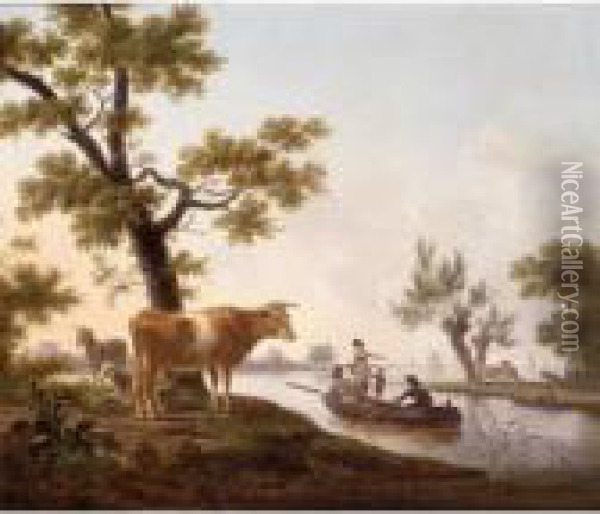 Riverscape With Cows Grazing Along The Shoreline Oil Painting - Frans Swagers