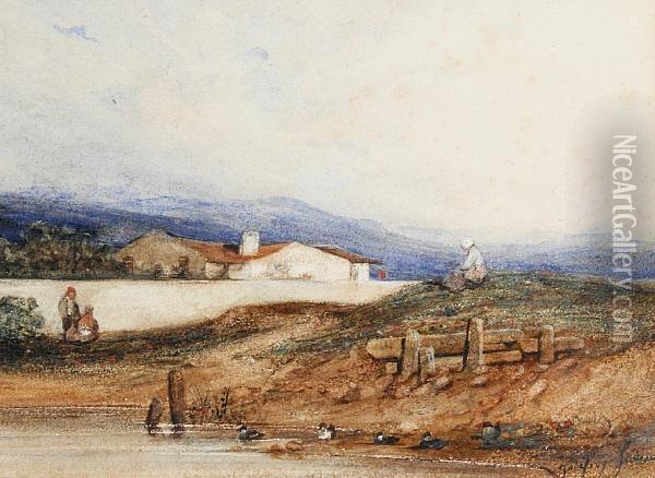 Figures By A Pond With Hills In Thedistance Oil Painting - Louis Godefroy Jadin