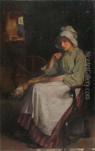 A Girl Working At A Loom In A Cottage Interior Oil Painting - Carlton Alfred Smith