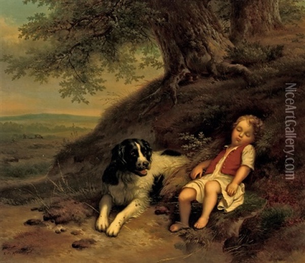 A Boy Resting With His Dog, In A Landscape Oil Painting - Louisa de Koningh