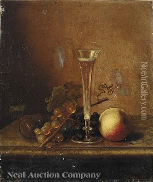 Still Life Of White Grapes, Champagne Flute, And Apple Oil Painting - Peter Joseph Wilms