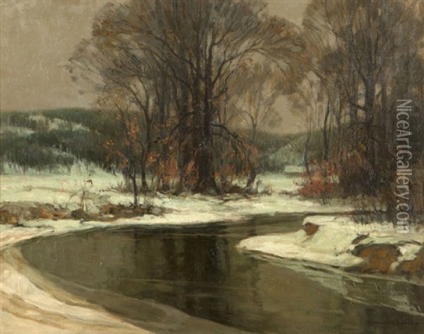 River In A Winter Landscape Oil Painting - Howard V. Brown