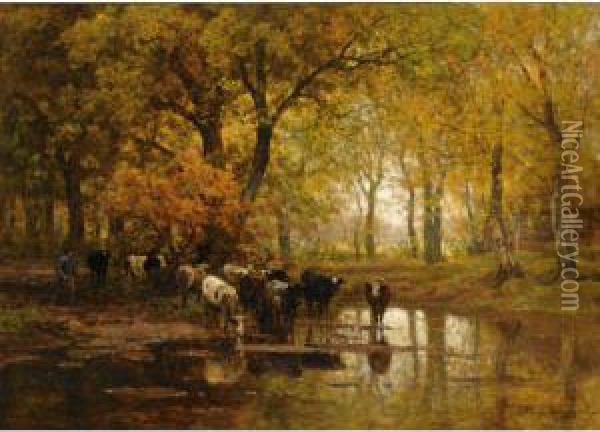 Watering Cows In A Pond Oil Painting - Julius Jacobus Van De Sande Bakhuyzen