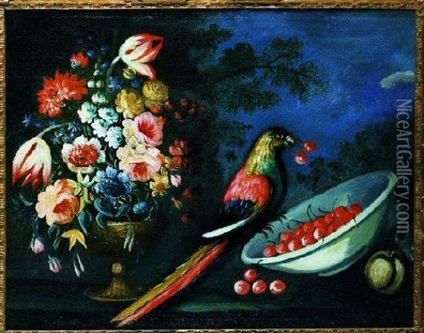 A Bouquet Of Summer Flowers, 
Including Peonies, Tulips And Otherflowers With A Parrot Picking Ripe 
Cherries From An Overturnedbowl, In A Landscape Oil Painting - Nicola Malinconico