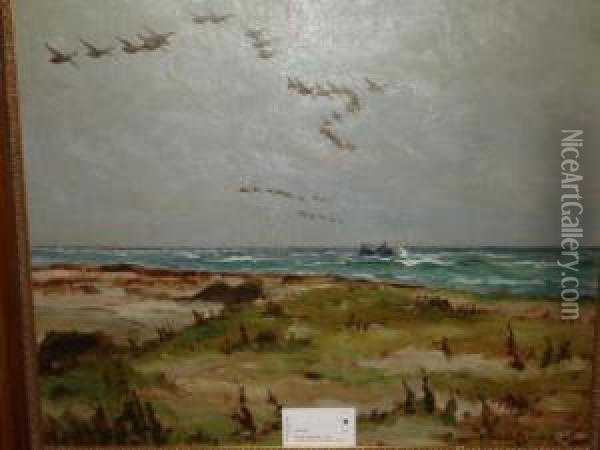 'kustlandskap Med Gass I Flykt'. 44x53 Oil Painting - William Gislander