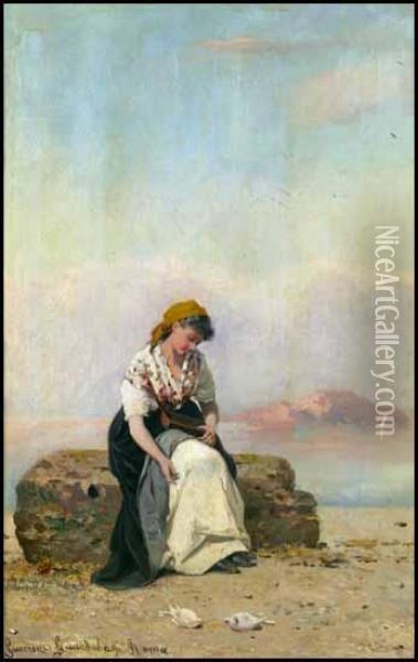 Girl Feeding Doves Oil Painting - Guerrino Guardabassi