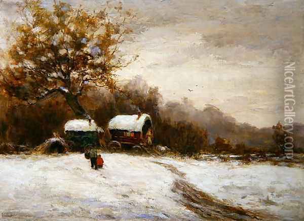 Gypsy Caravans in the Snow Oil Painting - Leila K. Williamson