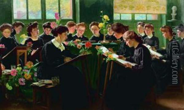 Assemblee De Jeunes Filles Dans Une Ecole De Dessin Oil Painting - Georges Castex