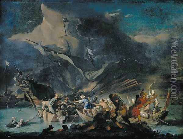 A Sea Battle Oil Painting - Johannes Lingelbach